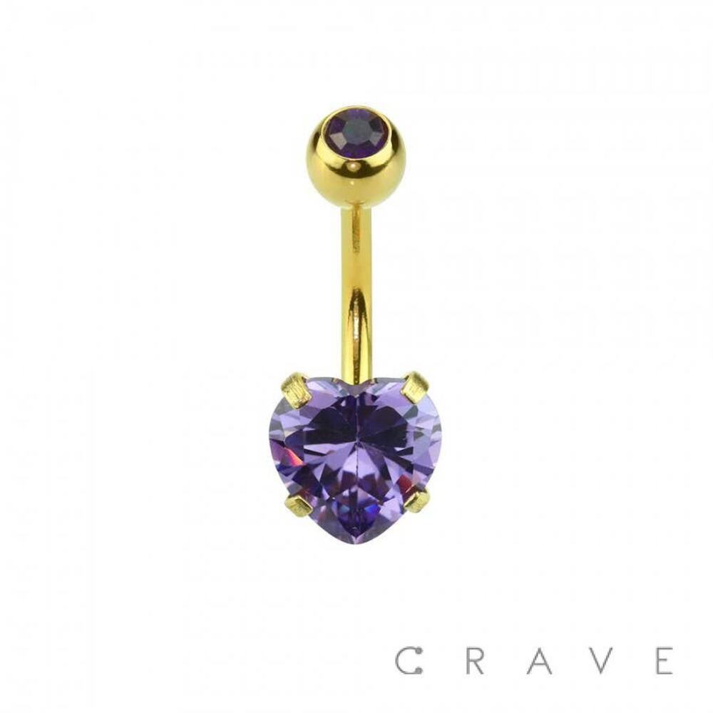 Gold Plated Prong Set Heart CZ 316L Navel Ring-Tanzanite